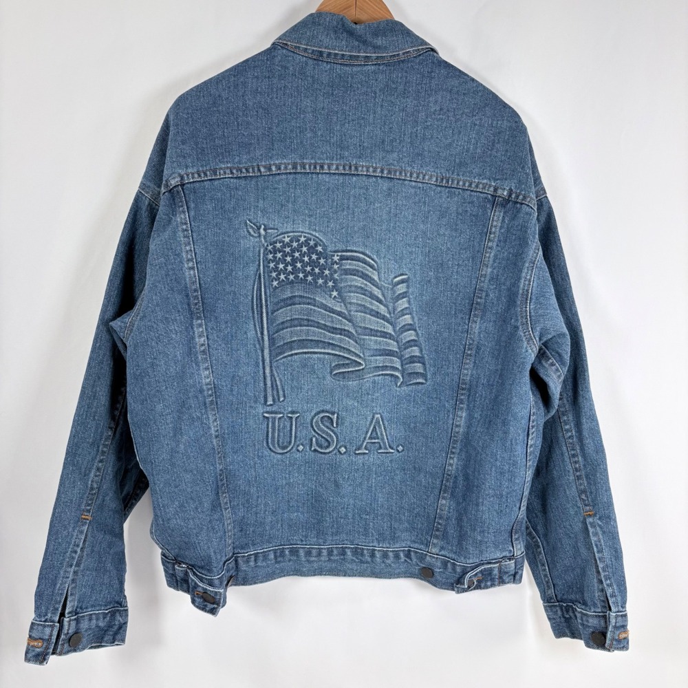 TYCA Denim Jacket Blue Embossed American Flag USA Made Vintage Trucker Men Small